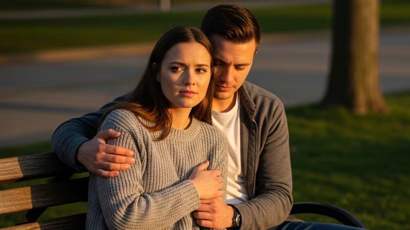 Una mujer visiblemente ansiosa recibe el consuelo de su pareja mientras se sientan en un banco de parque bajo la luz del atardecer. (Imagen Ilustrativa Infobae)