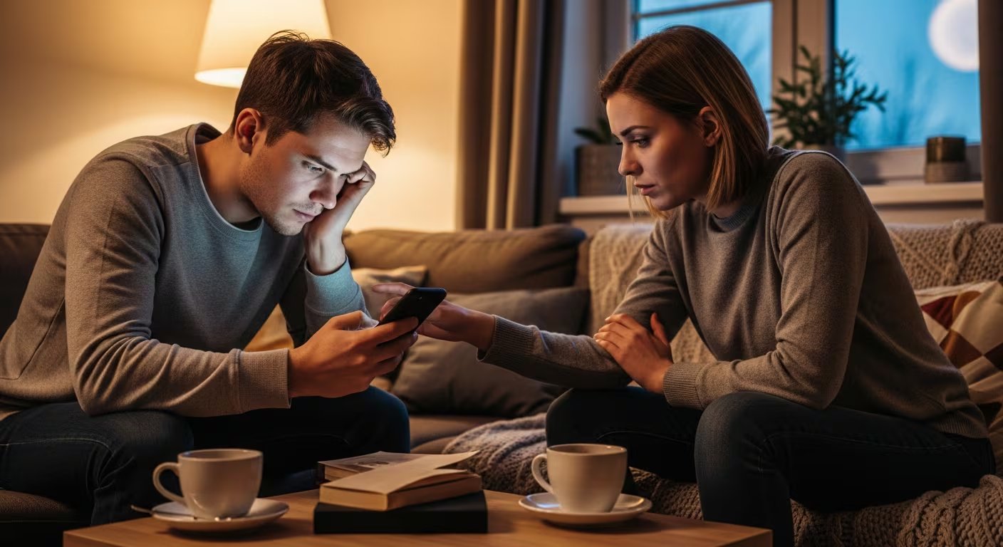 Una mujer intenta captar la atención de su pareja, quien está absorto en su teléfono móvil, ilustrando el impacto de la distracción digital en las relaciones. (Imagen Ilustrativa Infobae)