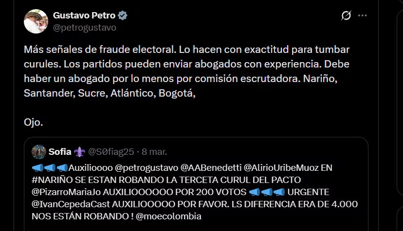 Gustavo Petro afirmó que el objetivo es “tumbar curules” y, por este motivo, solicitó la presencia de abogados ante la comisión escrutadora - crédito @petrogustavo/X