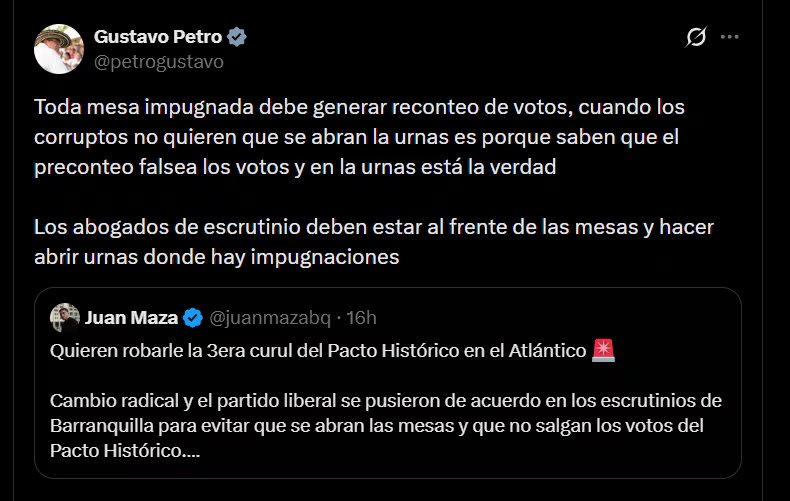 Gustavo Petro solicitó que todas las mesas impugnadas realicen un reconteo de votos - crédito @petrogustavo/X