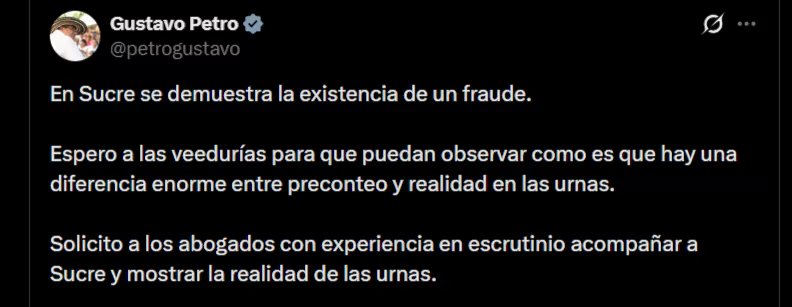 Gustavo Petro exigió la veeduría para “observar” la supuesta diferencia entre preconteo y la realidad en las urnas - crédito @petrogustavo/X