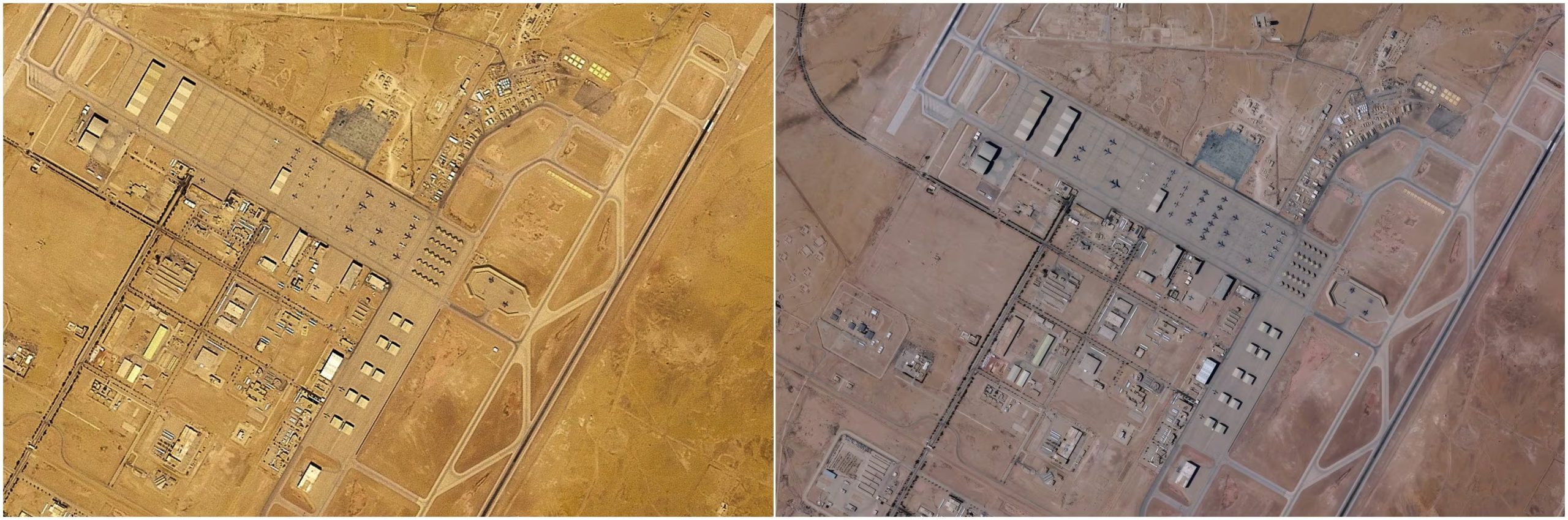 Imágenes satelitales de la base aérea Prince Sultan, en Arabia Saudita, antes de los ataques. Riad repelió ofensivas iraníes contra su capital y su provincia oriental durante los bombardeos del sábado. (Planet Labs PBC/Reuters)