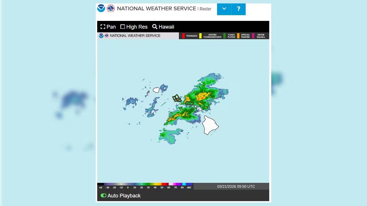 Un mapa de radar del Servicio Meteorológico Nacional muestra la actividad de tormentas y precipitaciones sobre las islas de Hawái, con indicaciones de posibles alertas meteorológicas. (NWS)