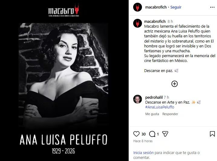 El festival lamentó el fallecimiento de la actriz mexicana. (Captura de pantalla @macabrofich)