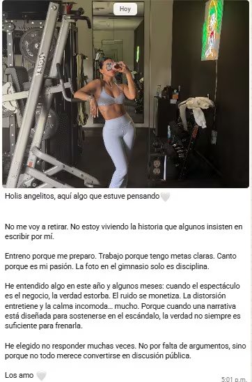 La hija de Pepe Aguilar compartió una fotografía en el gimnasio. (Captura de pantalla Whatsapp Ángela Aguilar)
