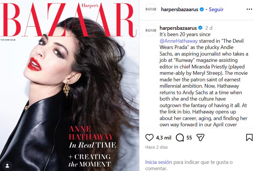 Anne Hathaway habló sobre su relación con la belleza y la juventud para la revista Harpeer's Bazaar (Créditos: Instagram)