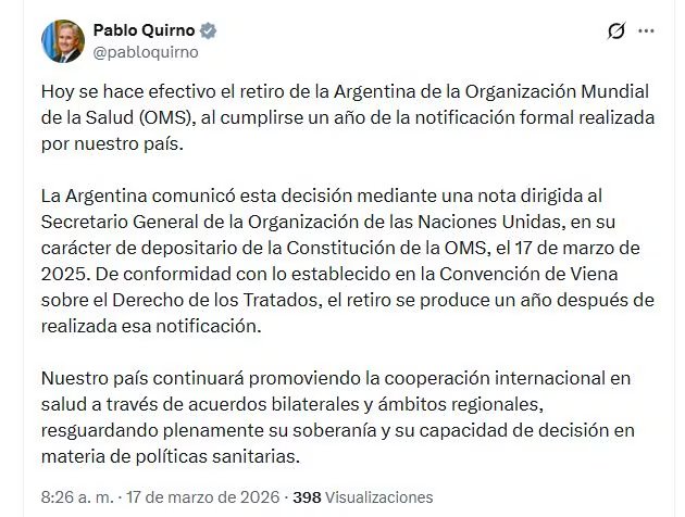 El posteo del canciller haciendo el anuncio