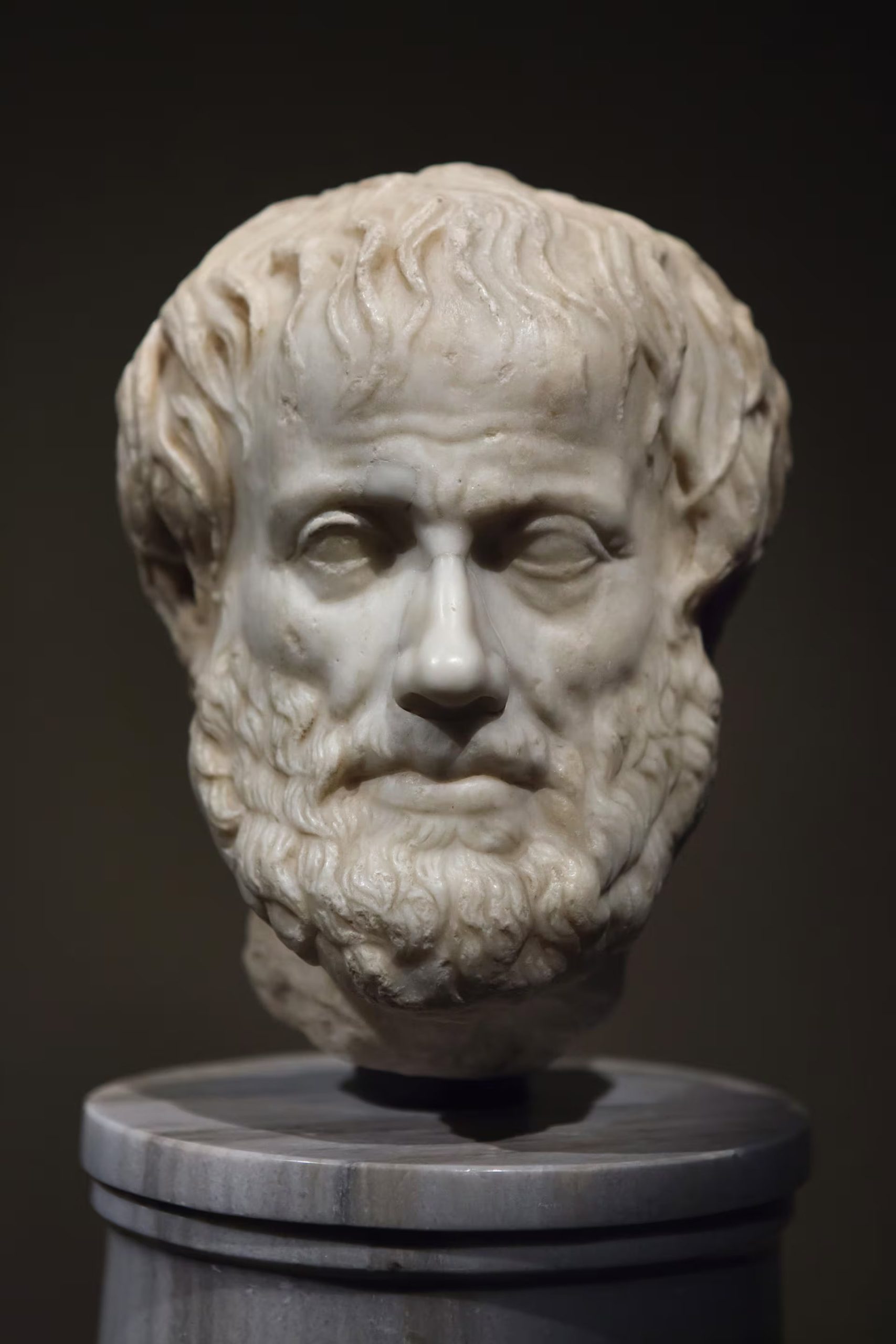 Aristóteles distingue entre contemplación filosófica y acción ética, asignando a ambas roles centrales en el logro de la felicidad plena y autosuficiente - Escultura del filósofo griego exhibida en el museo Kunsthistorisches (museo de arte e historia) en Vienna, Austria.