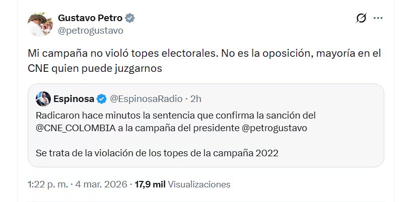 El presidente Gustavo Petro desafió la sanción impuesta por el Consejo Nacional Electoral (CNE) que ratifica una multa por presuntas irregularidades en su campaña de 2022 - crédito @petrogustavo/X