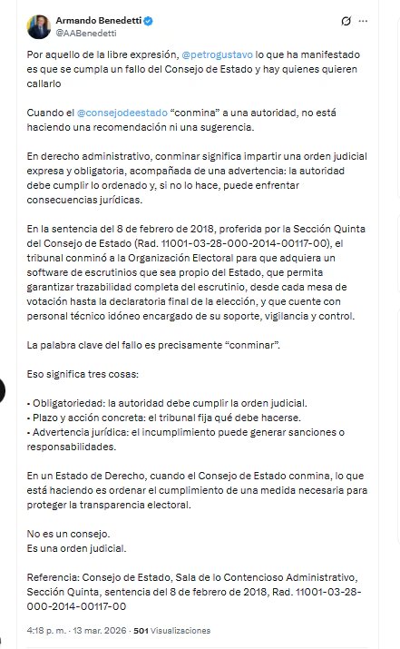 El ministro Armando Benedetti explicó el contenido de la sentencia del Consejo de Estado que ordena la adquisición de un software de escrutinios propio del Estado - crédito @AABenedetti/X