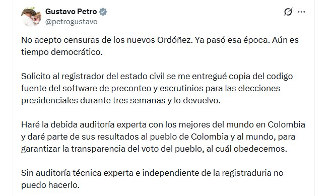 El presidente Gustavo Petro aseguró que no permitirá que lo censuren ante sus denuncias sobre irregularidades en el sistema electoral - crédito @petrogustavo/X