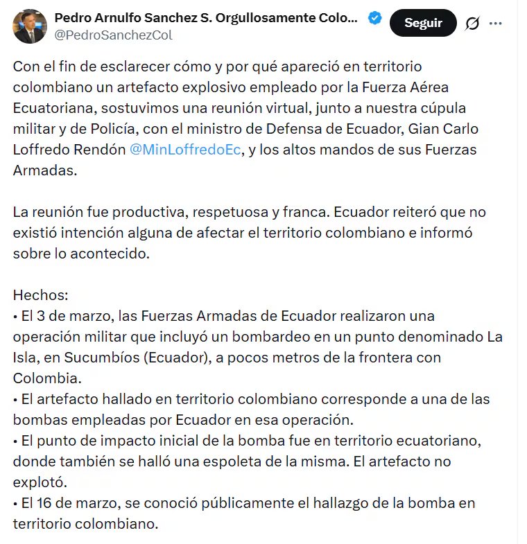 Pedro Sánchez resaltó los acuerdos logrados con el gobierno ecuatoriano - crédito @PedroSanchezCol/X