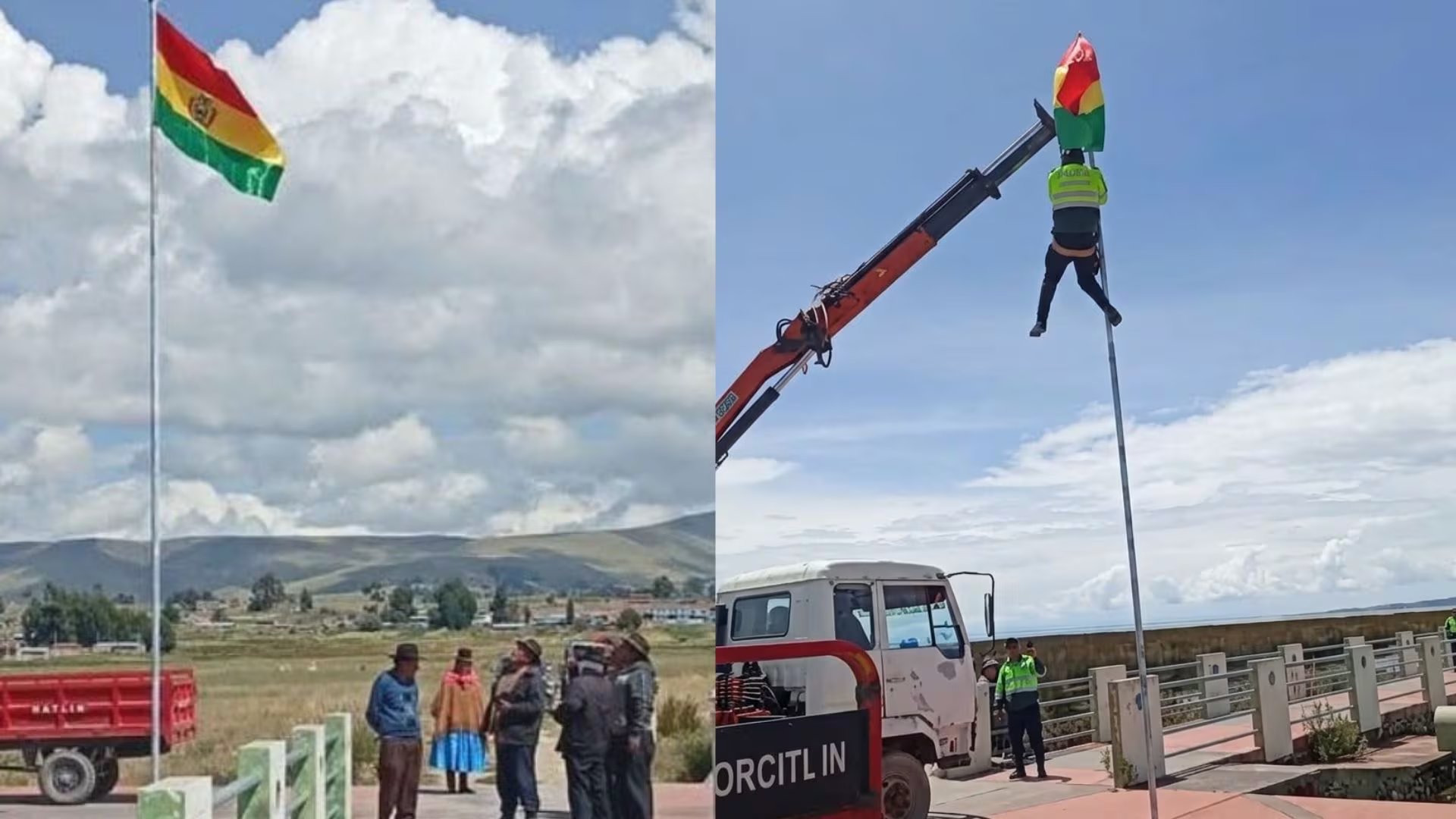 Efectivos de la Policía Nacional del Perú retiran una bandera boliviana que había sido izada sin autorización en el distrito de Desaguadero, Puno, generando un incidente fronterizo. (RPP)