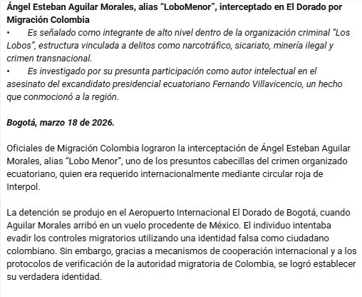 Migración sobre captura de cabecilla de Los Lobos, alias Lobo Menor - crédito Migración Colombia