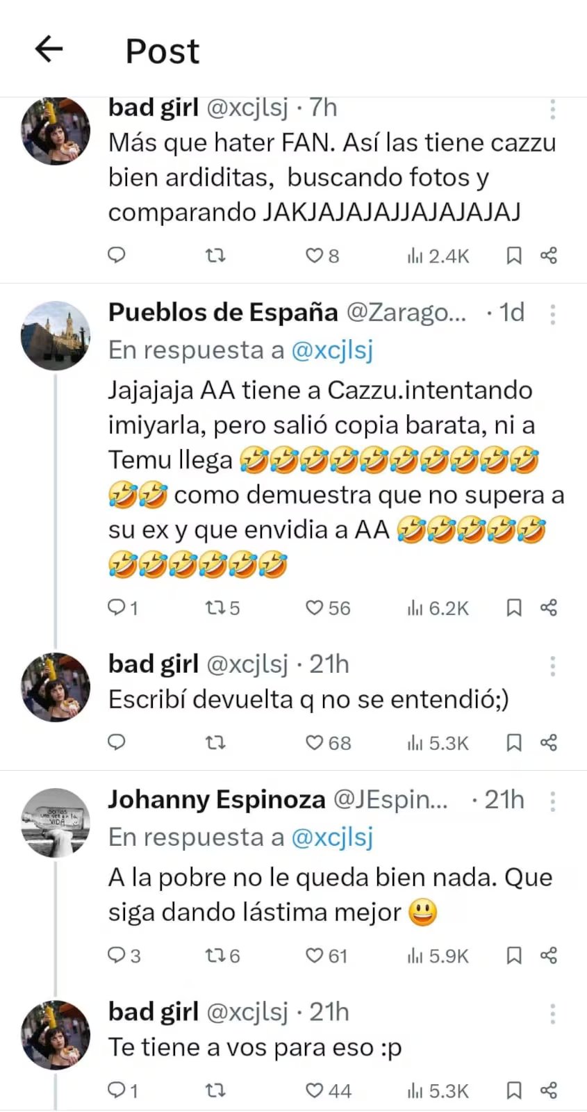 Una captura de pantalla muestra una acalorada discusión en la red social X entre usuarios identificados como fans de Cazzu y Ángela Aguilar. (Captura de pantalla: X)