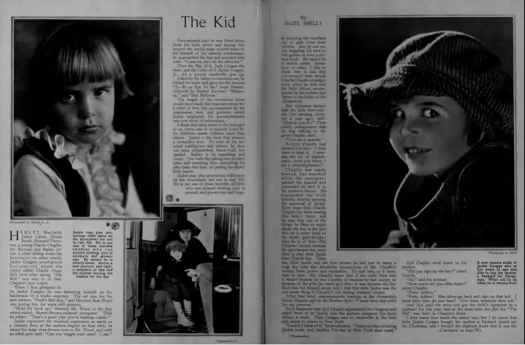 Un artículo sobre el prodigio Jackie Coogan publicado en mayo de 1921, cuando el niño tenía seis años