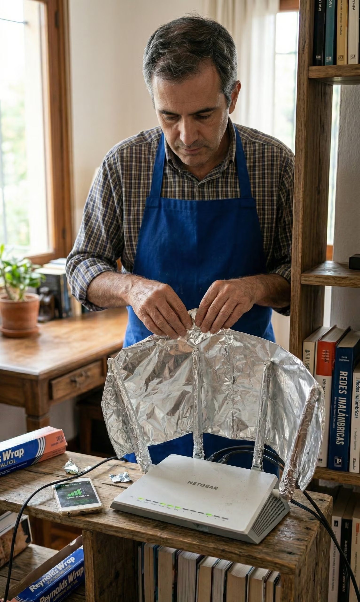 Un hombre concentra su atención mientras moldea una lámina de papel de aluminio para optimizar la señal de su router WiFi en casa. (Imagen ilustrativa IA Infobae México)