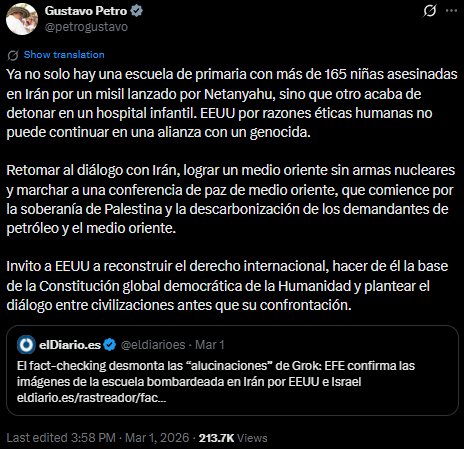 Gustavo Petro instó a Estados Unidos a reconstruir el derecho internacional y priorizar el diálogo global - crédito @petrogustavo/X