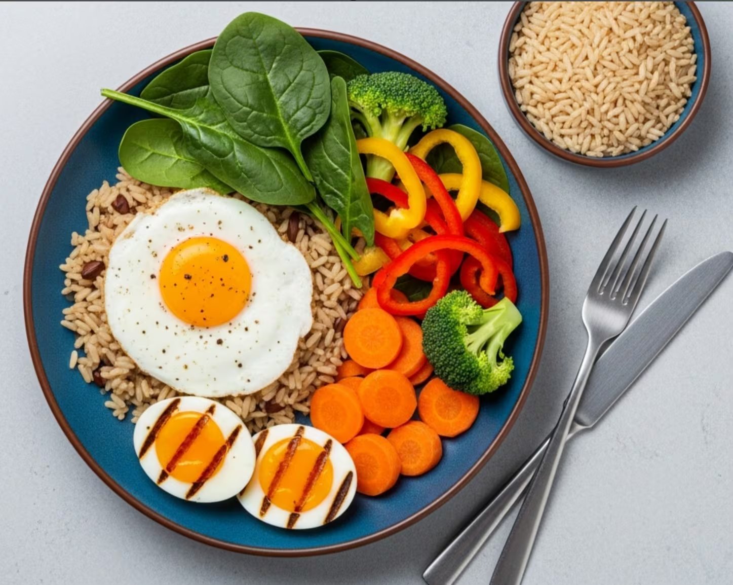 Un plato equilibrado ofrece arroz integral con un huevo frito, dos mitades de huevo cocido a la parrilla y una selección colorida de espinacas, brócoli, pimientos y zanahorias, listo para disfrutar. (Imagen Ilustrativa Infobae)