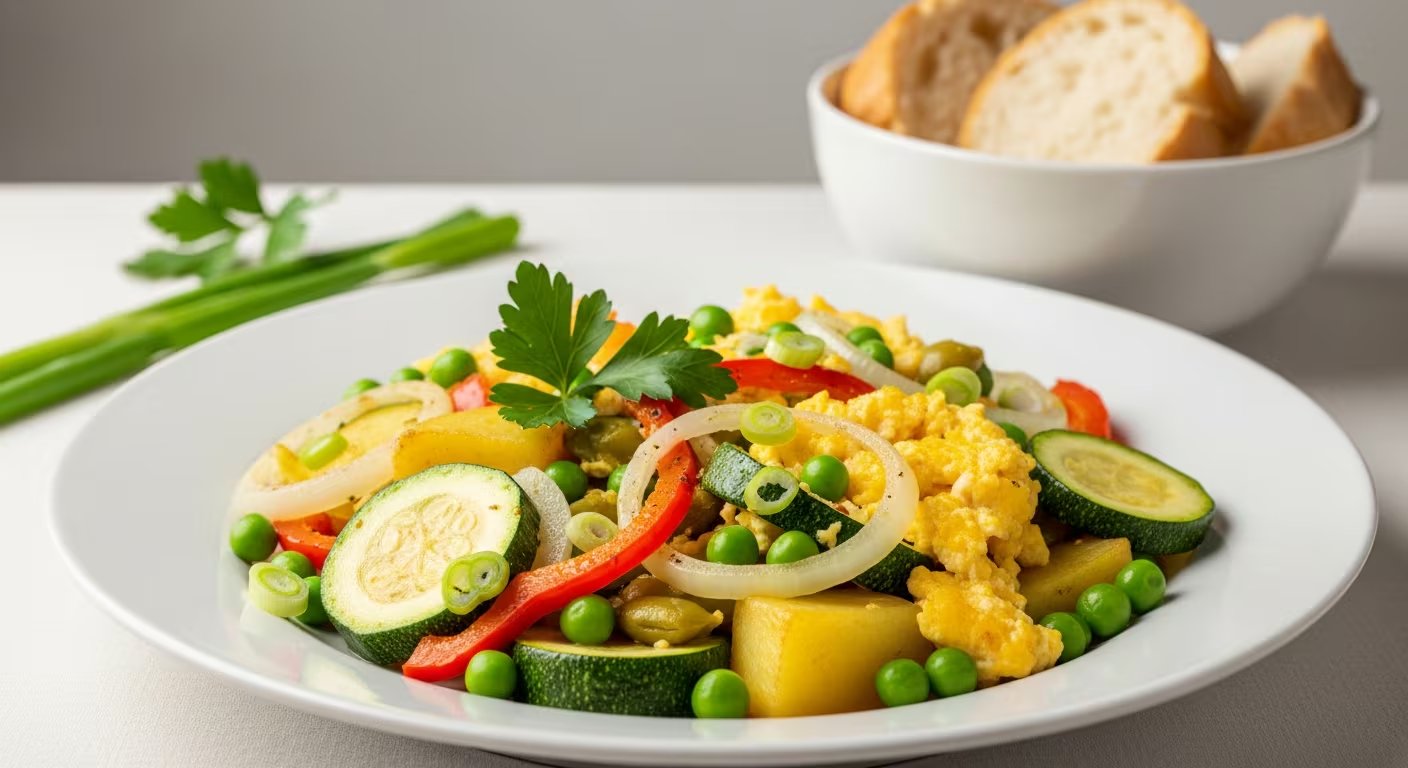 Un apetitoso plato de verduras frescas, incluyendo calabacín, guisantes, pimiento rojo y cebolla, acompañado de huevo revuelto y decorado con perejil fresco. Al fondo, una taza blanca contiene rebanadas de pan crujiente, sugeridas como acompañante para esta saludable opción culinaria. (Imagen Ilustrativa Infobae)