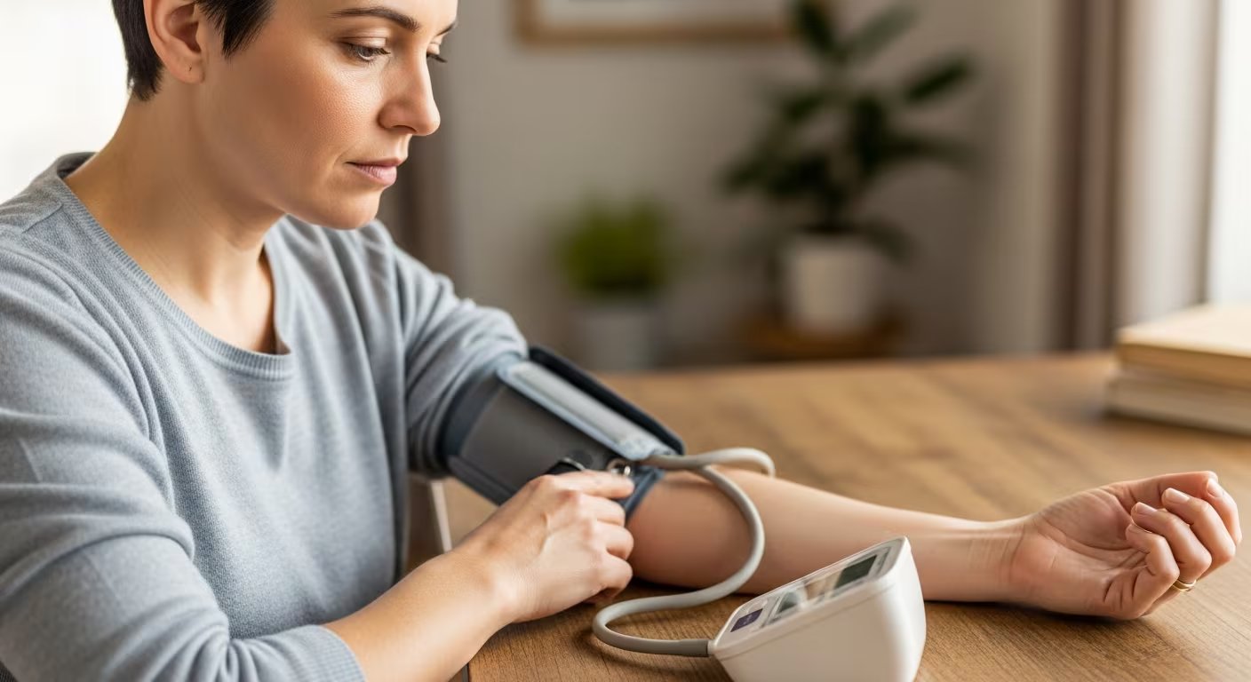 Una persona de unos 40 años se toma la presión arterial en casa con un monitor digital, realizando un autocontrol de su salud en una mesa de madera. (Imagen Ilustrativa Infobae)