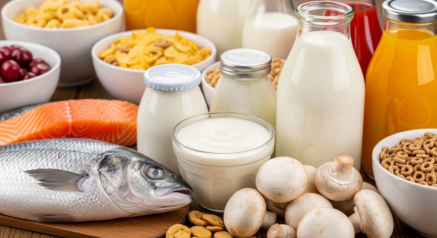 Fuentes de vitamina D incluyen pescados grasos, productos fortificados y hongos expuestos a luz UV, mientras que la luz solar es clave para su síntesis natural