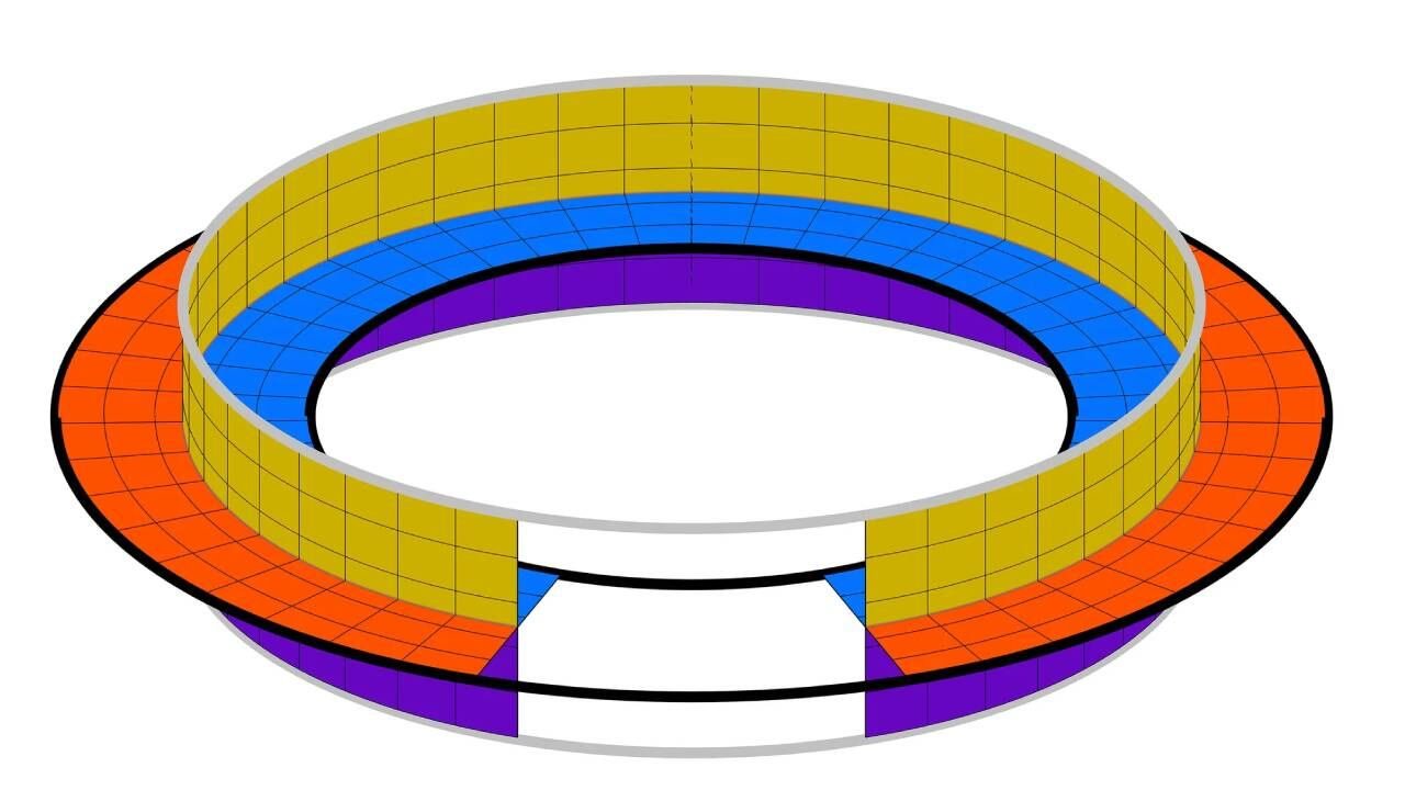 Una ilustración tridimensional muestra una estructura anular segmentada con una abertura frontal. (IBM Research)