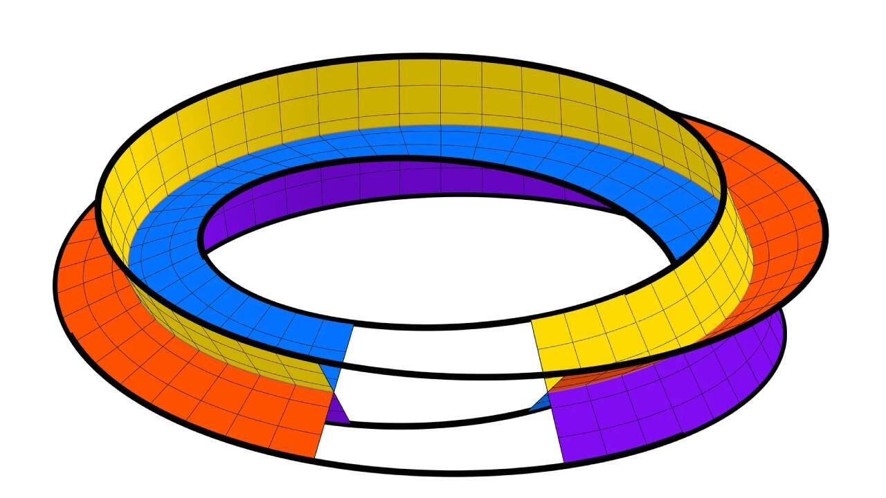 Una ilustración tridimensional muestra una superficie geométrica compleja con bandas de colores amarillo, azul, morado y naranja, formando una apertura central. (IBM Research)