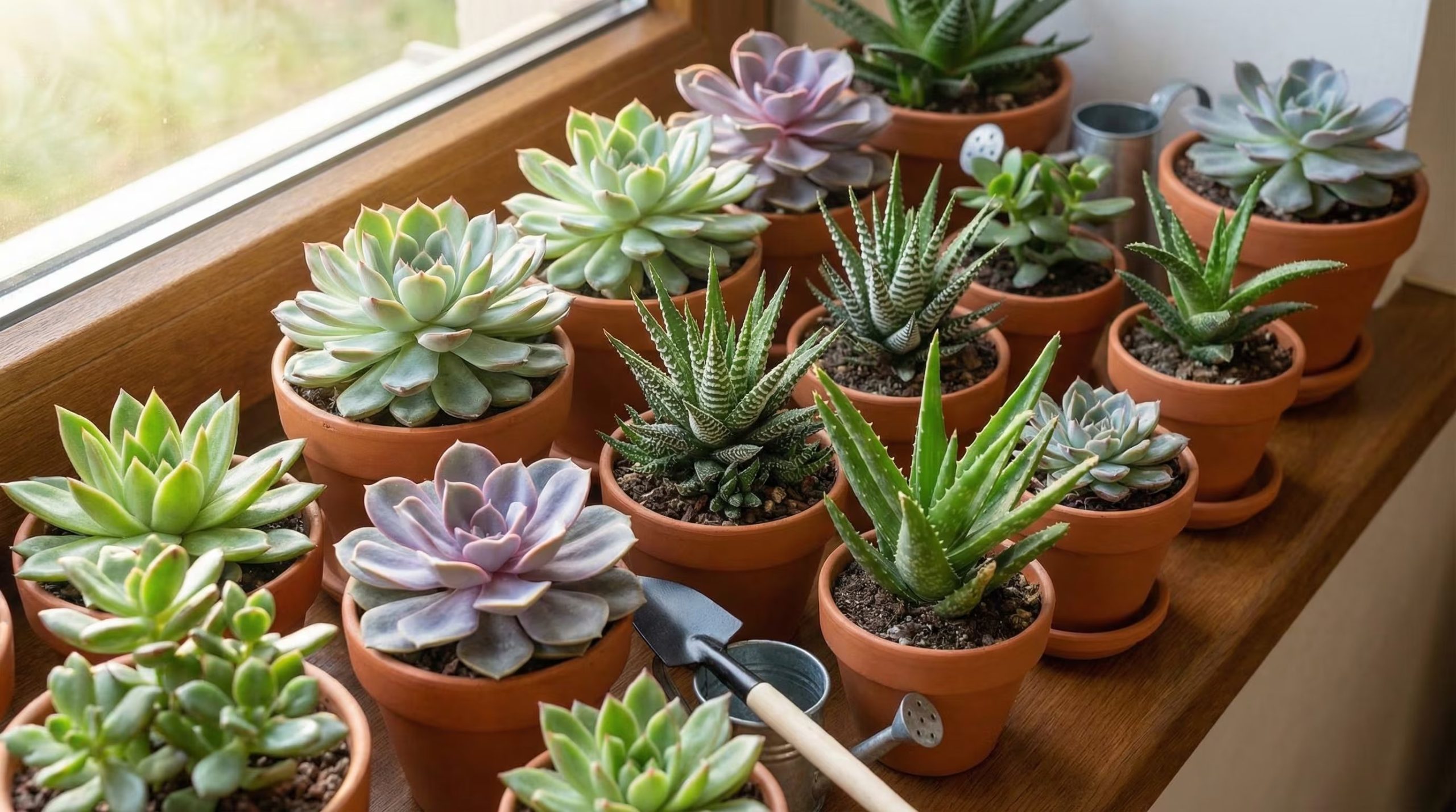 Varias plantas suculentas de diferentes tipos y colores adornan un alféizar de madera junto a una ventana soleada, creando un rincón natural y vibrante en el hogar. (Imagen Ilustrativa Infobae)