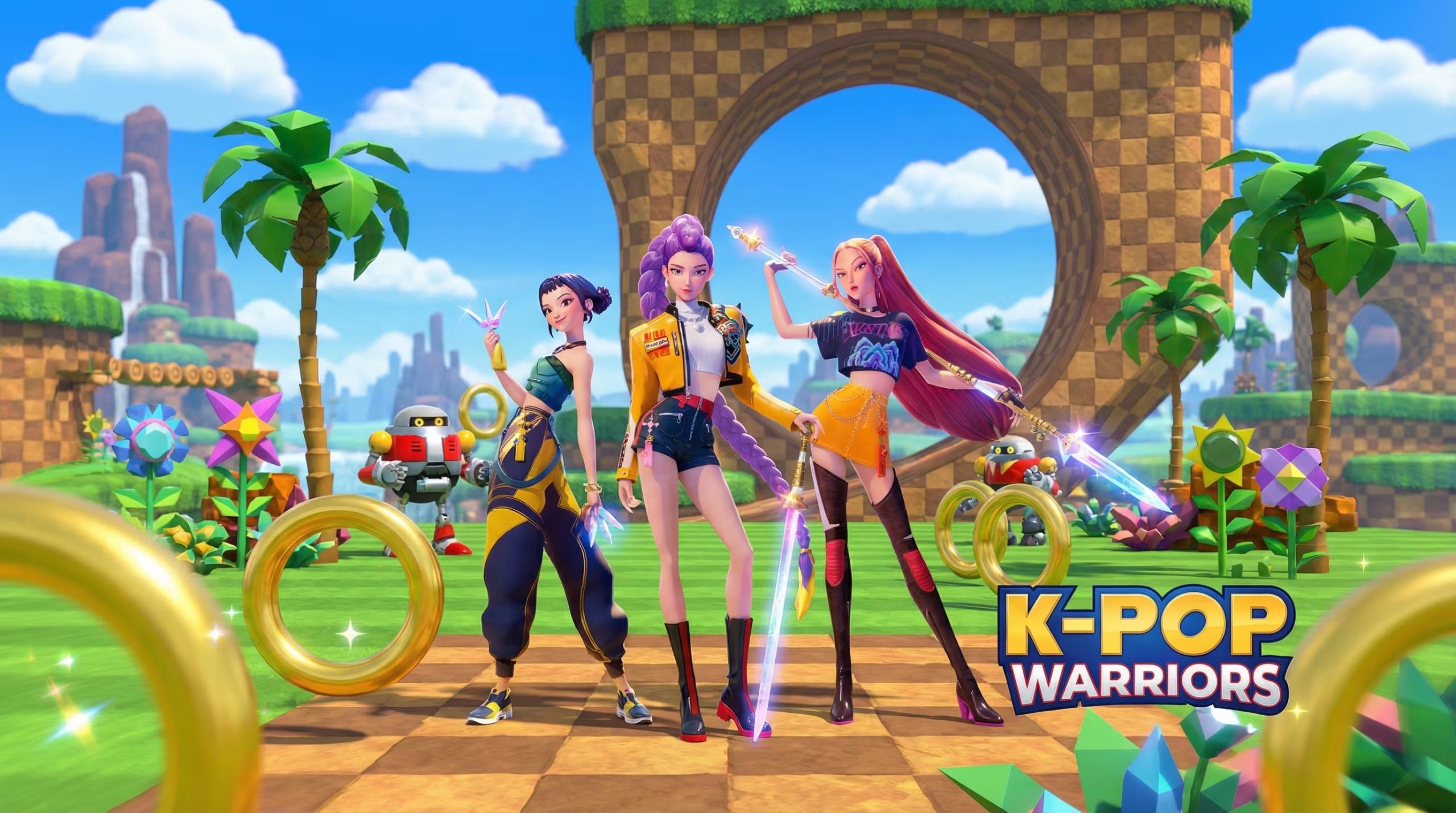 En la imagen creada por Nano Banana de Google, las guerreras K-pop adoptan el estilo del universo de Sonic y se integran en Green Hill Zone. (Imagen Ilustrativa Infobae)