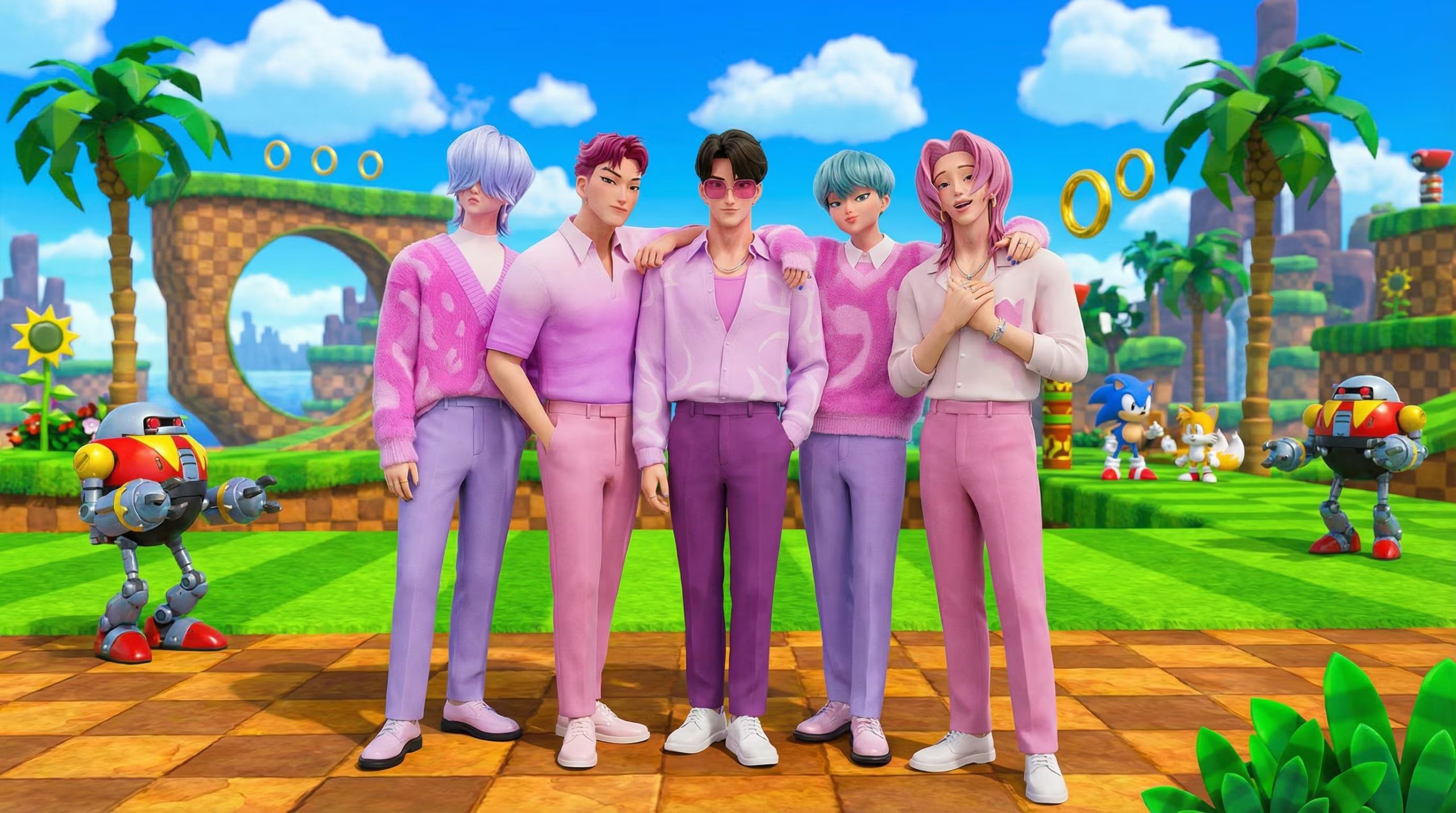 En una imagen generada por Nano Banana, los Saja Boys aparecen como personajes del mundo de Sonic, fusionando el K-pop con la estética clásica de los videojuegos. (Imagen Ilustrativa Infobae)