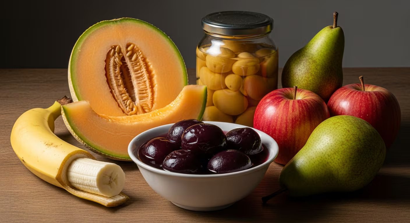 Frutas sin piel ni semillas, como banana y melón, y compotas de manzana o pera son opciones seguras para molestias digestivas (Imagen Ilustrativa Infobae)