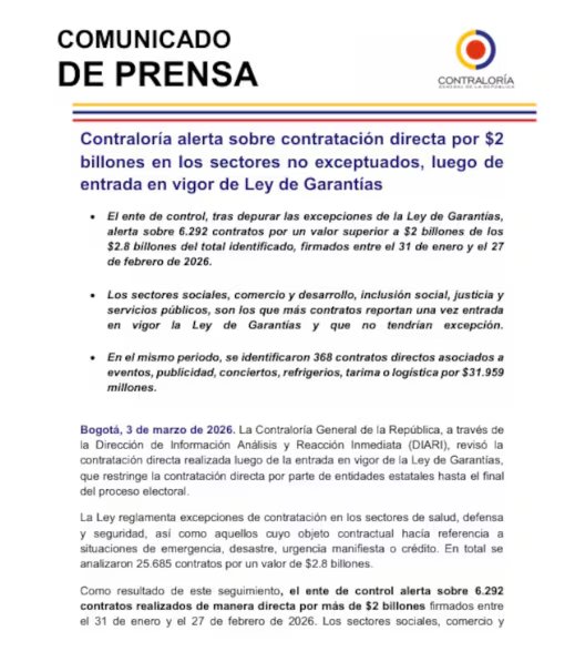 El análisis incluyó 25.685 contratos estatales por un valor total de 2,8 billones de pesos, centrando la alerta en 6.292 de ellos - crédito Contraloría