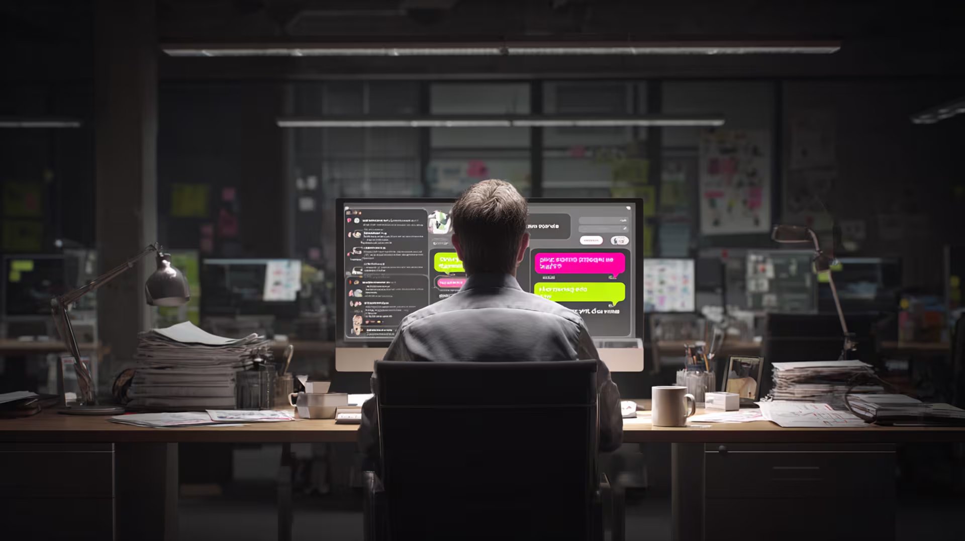 IA, chatbot, conversación digital, interacción humano-máquina, mensajes automatizados, asistente virtual, tecnología de comunicación, oficina, computadora portátil, trabajo digital, comunicación en línea (Imagen Ilustrativa Infobae)