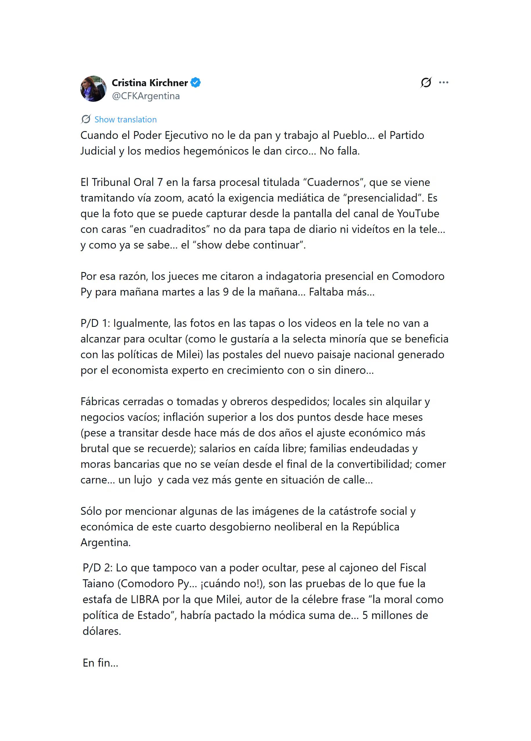 El mensaje que escribió la ex presidenta en las redes sociales 