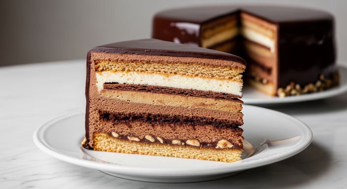 La torta setteveli, típica de Sicilia, Italia, alterna capas de bizcochuelo de chocolate, praliné crocante y mousse de chocolate (Imagen Ilustrativa Infobae)