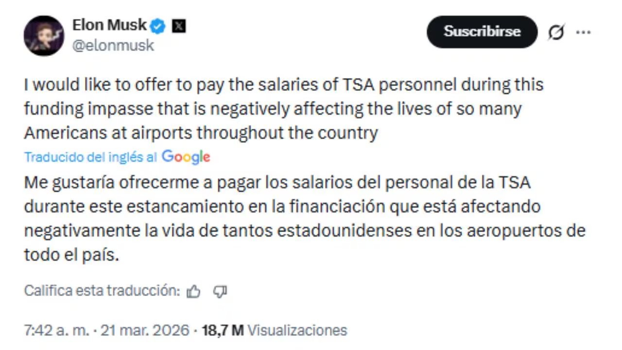 Una captura de pantalla muestra un tuit de Elon Musk ofreciendo pagar los salarios del personal de la TSA durante un estancamiento en la financiación que afecta a los aeropuertos de Estados Unidos.