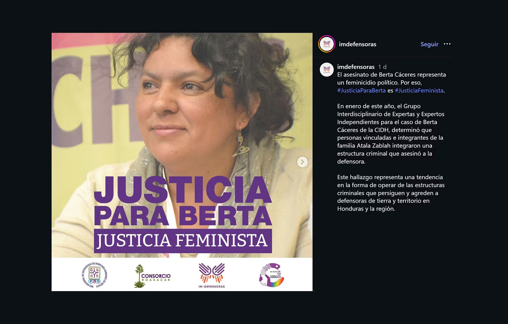 El comunicado de IM Defensoras denuncia el hostigamiento sufrido por integrantes del COPINH por la búsqueda de justicia para Berta Cáceres