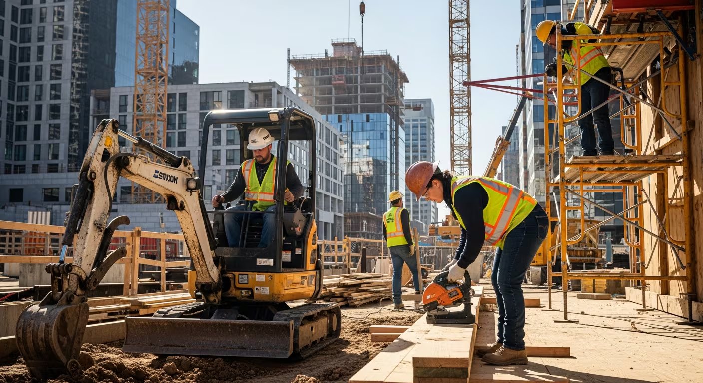 En una concurrida obra de construcción en Estados Unidos, varios trabajadores con equipos de seguridad operan maquinaria y realizan tareas manuales, con edificios modernos y grúas de fondo. (Imagen Ilustrativa Infobae)