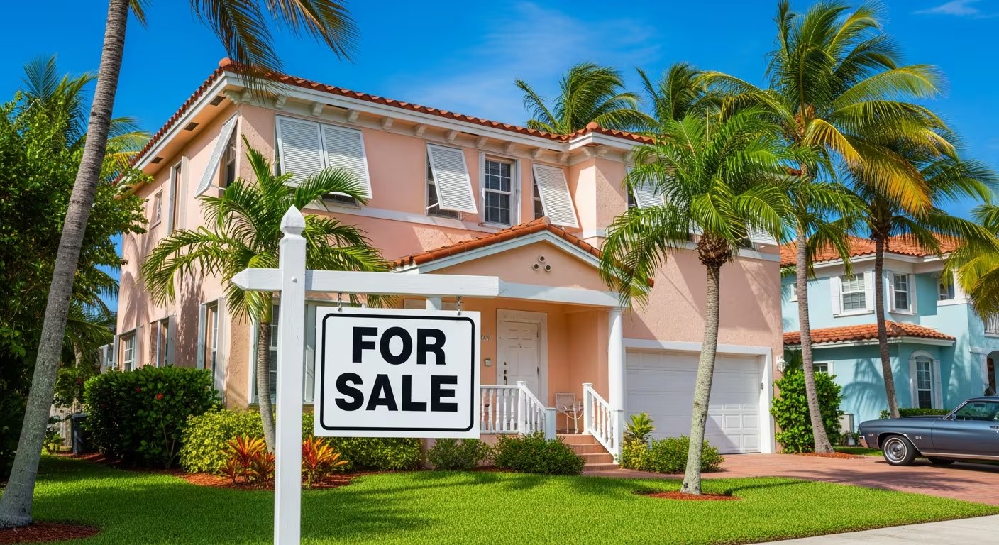 Una casa residencial de color salmón con techo de tejas y un cartel de 'FOR SALE' al frente, rodeada de palmeras y césped verde, representa la oferta de viviendas en Miami. (Imagen Ilustrativa Infobae)