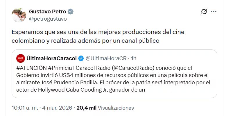 Petro defendió la decisión de invertir $15 mil millones de recursos públicos en una película sobre el almirante Padilla en la que participará actor de Hollywood - crédito @petrogustavo/X