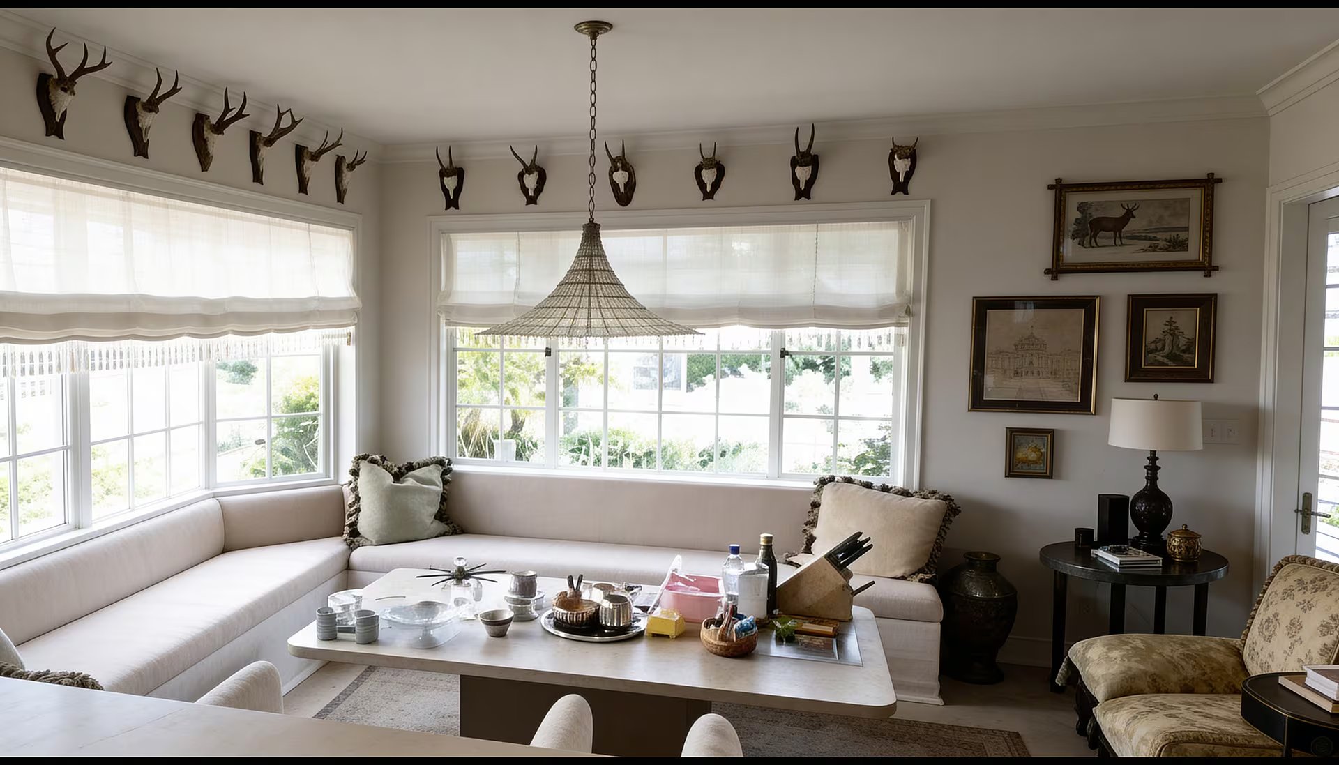 Un rincón de comedor o sala de estar, bañado por la luz natural que entra por los grandes ventanales, ofrece una mesa con servicio de café rodeada de cómodos sofás, adornada con trofeos de caza en las paredes y una lámpara colgante.