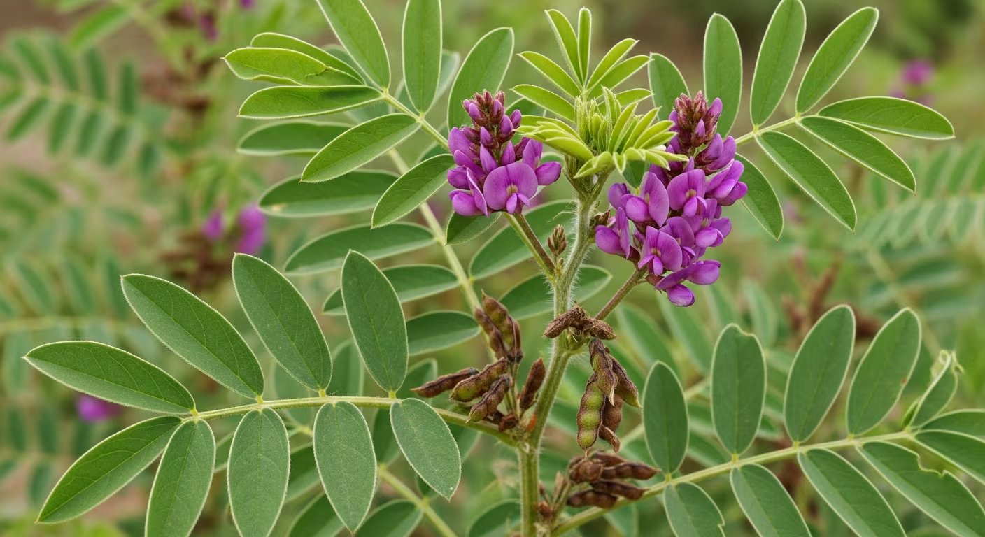 Una planta de Psoralea corylifolia se exhibe en primer plano, destacando sus distintivas hojas verdes pinnadas y racimos de flores de color púrpura vibrante, junto a algunas vainas de semillas (Imagen Ilustrativa Infobae)