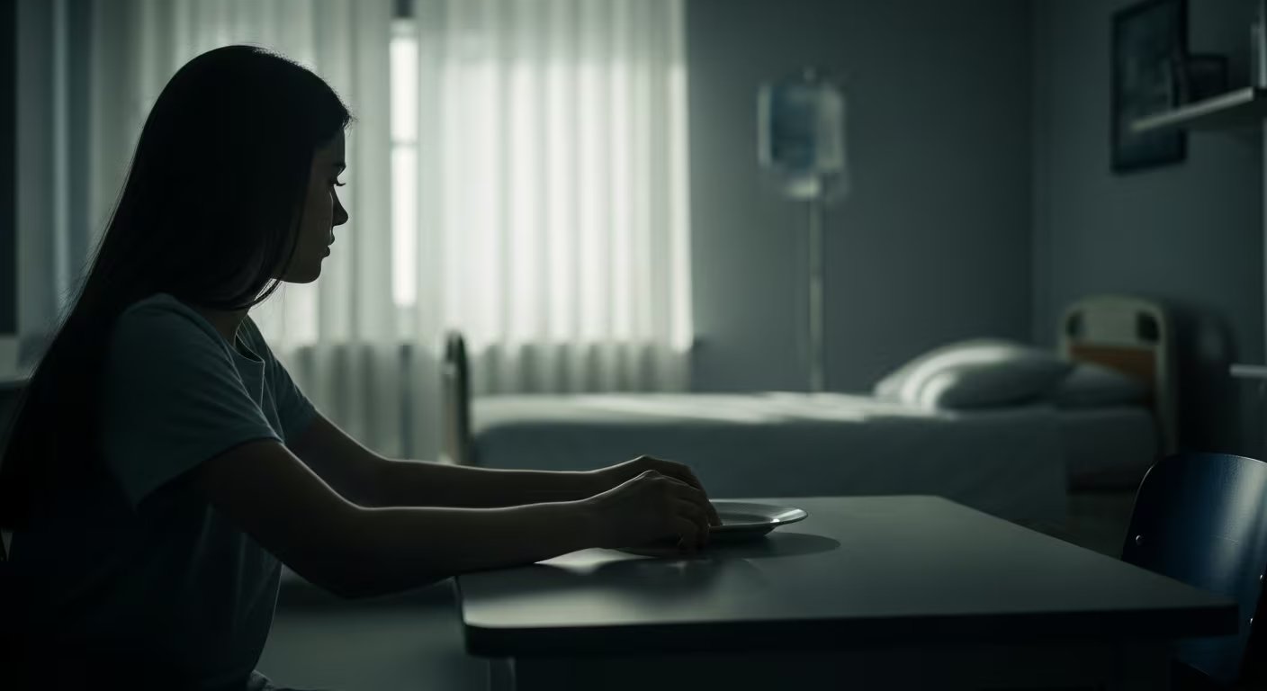 En un ambiente hospitalario tenue, una adolescente permanece sentada de perfil frente a un plato vacío, con una cama de hospital visible al fondo. (Imagen Ilustrativa Infobae)