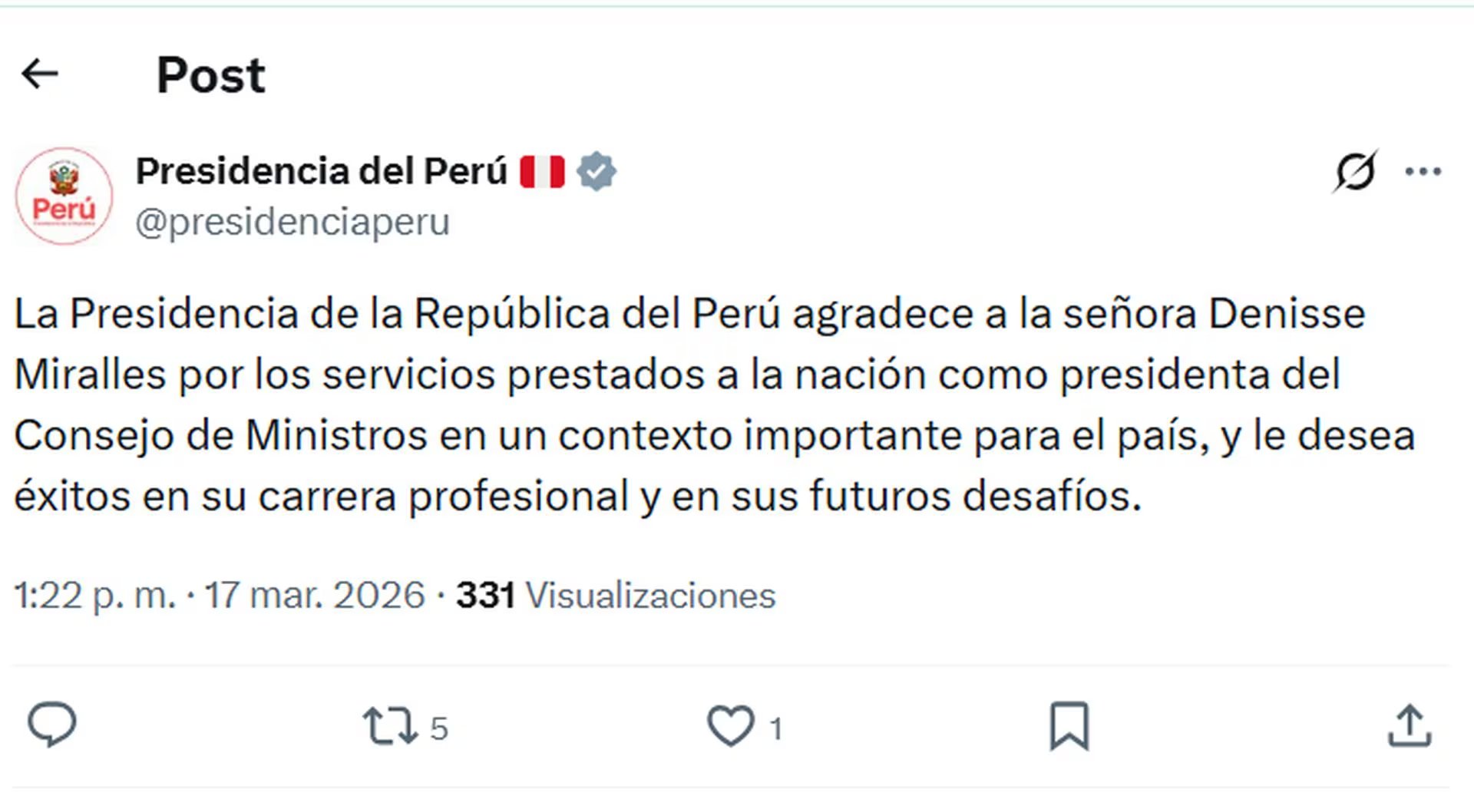 Presidencia del Perú confirma la salida de Denisse Miralles como jefa del gabinete ministerial. X.com
