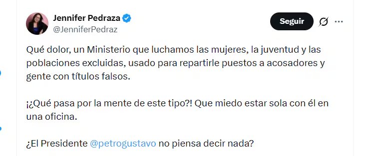 La congresista Jennifer Pedraza instó al presidente Petro a pronunciarse sobre el caso de Acxan Duque - crédito @JenniferPedraz/X