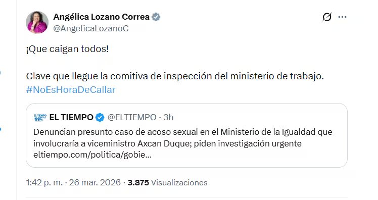 La congresista Angélica Lozano Correa pidió al Ministerio de Trabajo investigar la denuncia de acoso sexual contra Acxan Duque Gamez - crédito @AngelicaLozanoC/X