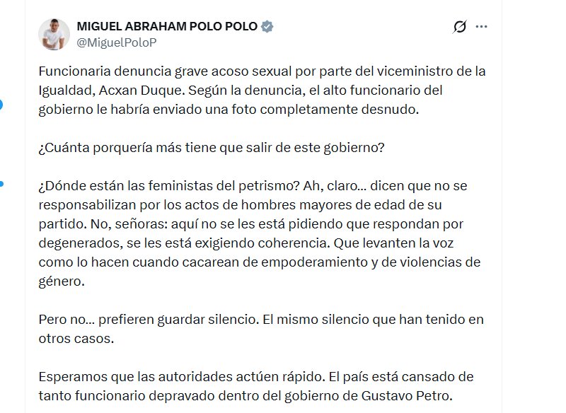 El representante Miguel Polo Polo criticó al Gobierno nacional tras la renuncia del viceministro de Igualdad que envió una foto desnudo a una funcionaria - crédito @MiguelPoloP/X