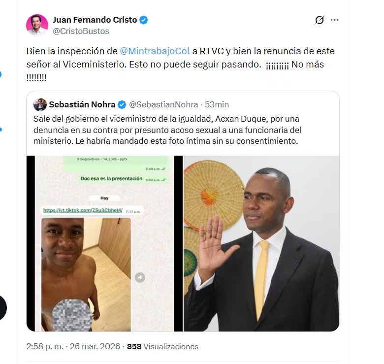 El exministro Juan Fernando Cristo reaccionó a la renuncia del viceministro Acxan Duque - crédito @CristoBustos/X