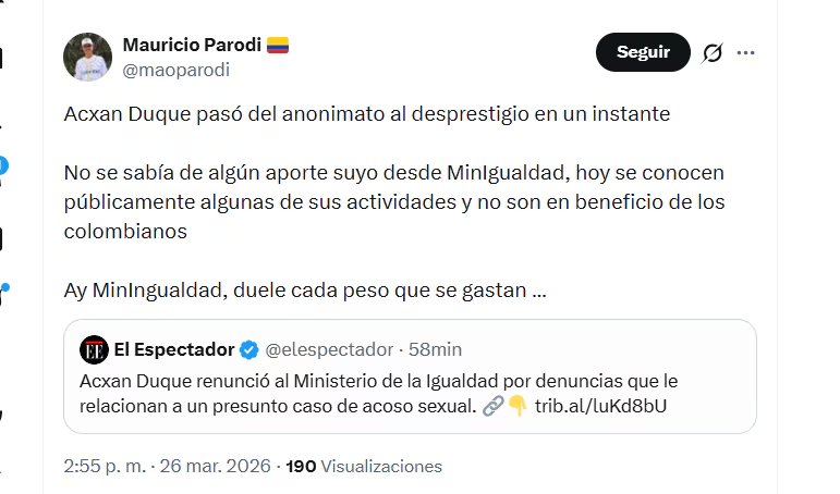 El representante Mauricio Parodi reaccionó a la denuncia de acoso sexual contra el viceministro Acxan Duque - crédito @maoparodi/X